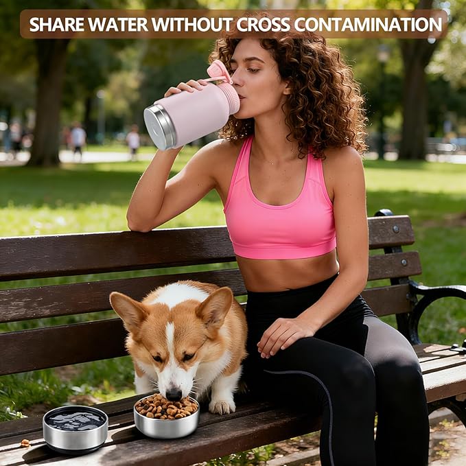 Insulated Dog Water Bottle with 2 Bowls, 32oz Travel Stainless Steel Double Wall Thermos, Portable Pet Dispenser, Gifts for Puppy Small Dogs Walking Hiking and Camping