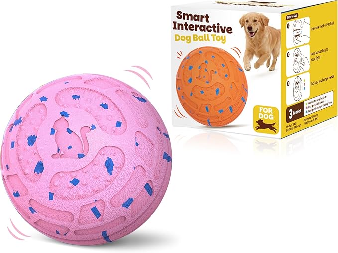 Smart Interactive Dog Toy Ball – Automatic Moving, Bouncing & Rolling, 3 Modes, Chew-Proof E-TPU Shell, Waterproof, Rechargeable,Dog Ball for Medium and Large Dogs, Pink