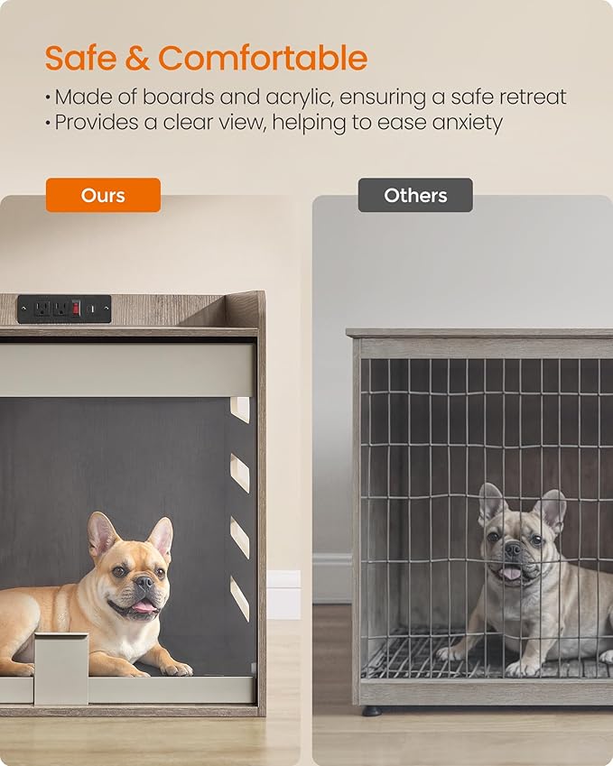 Feandrea Modern Dog Crate Furniture with Charging Station, Kennel Indoor with Flip-up Hidden Acrylic Door, for Small and Medium Dogs up to 45 lb, Side End Table, Heather Greige UPOC021G01