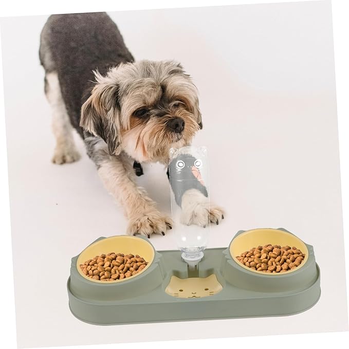 POPETPOP Double Bowl Pet Feeding Device with Water Dispenser Stable Skid Plastic Dog Cat Feeder Break and Easy to Clean Practical Food and Water Container for Pets Random Style Green