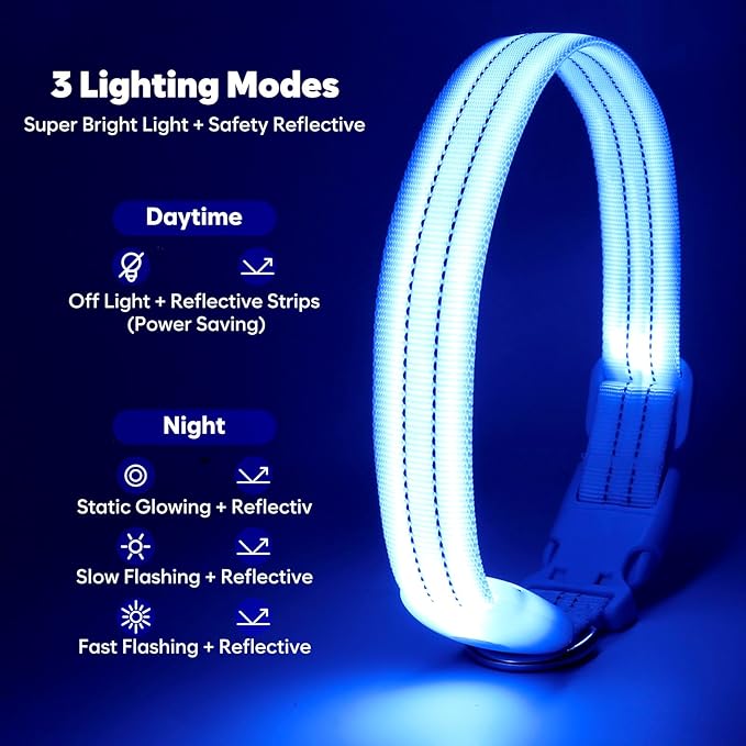 Light Up Dog Collar, LED Lighted Reflective Dog Collars for Night USB Rechargeable, Glow Collar for Dogs, Waterproof Adjustable Flashing Dog Collar for Night Safety (Blue, Large)