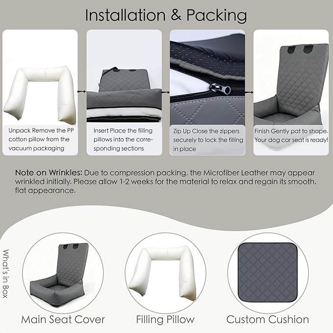 Dog Car Seat for Small & Medium Dogs – Waterproof Microfiber Leather Pet Car Seat with Washable Pee Pad, Scratch & Fur Resistant, Foldable Dog Bed for Home & Travel, Non-Slip Design, Matte Gray