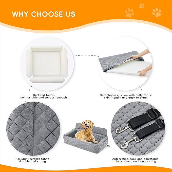 Dog Car Seat for Large Medium Dog,Washable Dog Booster Seat for Medium Large Dogs,Multi-Functional Dog Booster Seat with Thick Cushion, Safety Leashes Dog Sofa Cushion & Travel Dog Bed (Grey, 90cm)