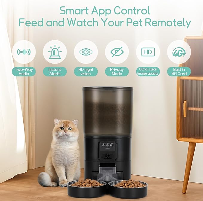 Automatic Cat Feeder with Camera, 7 Litre Dual Bowl Automatic Dog Feeder with HD Video and Night Vision, 2.4G WiFi ，SD Card Storage and Two-Way Audio