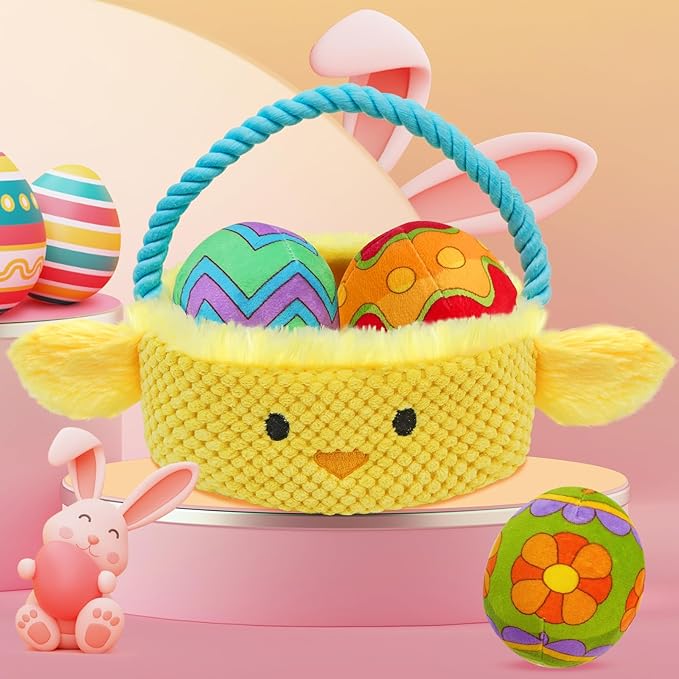Easter Dog Toys, Easter Basket Hide and Seek Dog Toy, Squeaky Interactive Puzzle Dog Toys Built-in Crinkle Paper for Boredom and Stimulation, Easter Dog Gifts for Small and Medium Dogs