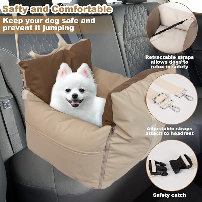 PU Leather Small Dog Car Seats for Small Dogs, Waterproof Dog Booster Car Seat with Storage Pockets and Stretchable Dog Seat Belt, Anti-Scratch Soft Leather Puppy Car Seat for Travel and Home, Beige