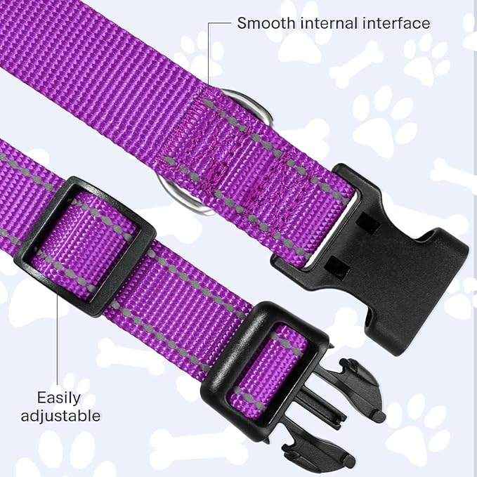 FunTags Reflective Dog Collar, Sturdy Nylon Collars for Small Girl and Boy Dogs, Adjustable Dog Collar with Quick Release Buckle, Purple