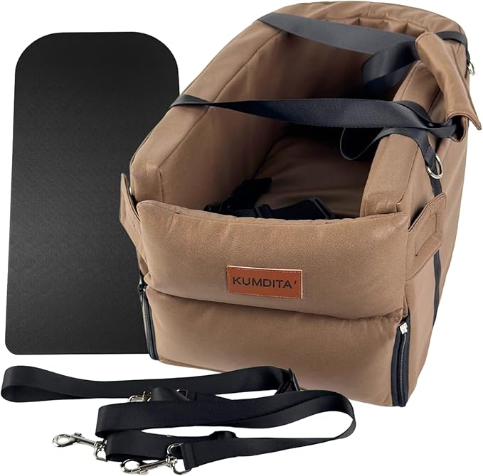 Kumdita' Center Console Car Seat & Carrier for Small Dogs & Cats with Dual Over-Seat Straps, Sewn-in Safety Leash & PE Board Base (Brown)