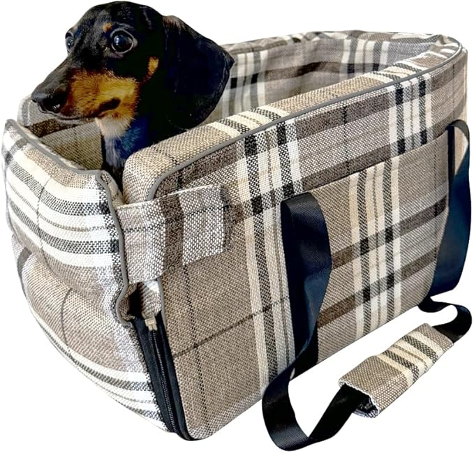 Kumdita' Center Console Dog Car Seat & Carrier for Small Dogs & Cats – Portable Booster with Sewn-in Leash, Machine Washable, Fits Most Vehicles (Classic Beige Check)