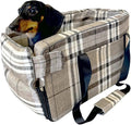 Kumdita' Center Console Dog Car Seat & Carrier for Small Dogs & Cats – Portable Booster with Sewn-in Leash, Machine Washable, Fits Most Vehicles (Classic Beige Check)