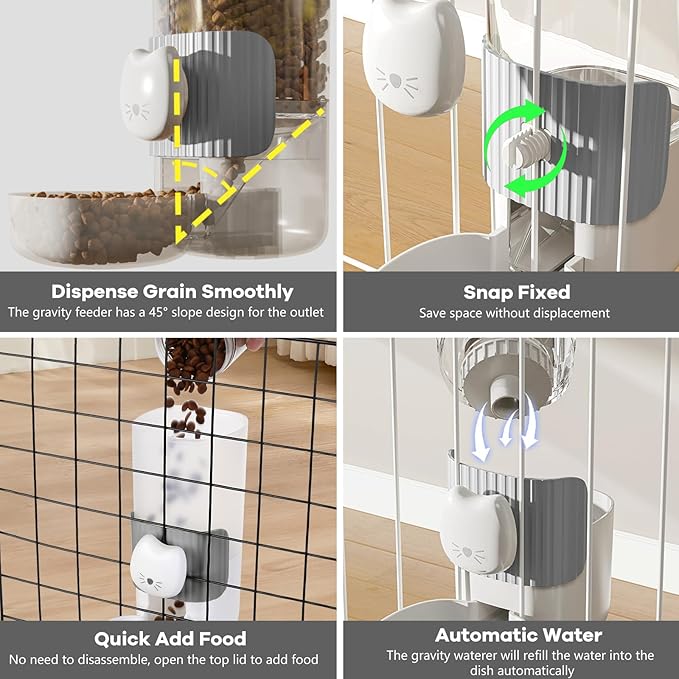 Yummy Sam Hanging Automatic Small Pet Food Water Dispenser, Auto Gravity 0.8L Cat Feeder and 0.87L Water Dispenser, Self-Feeding and Waterer Set Kennel Feeding Station for Puppy Cats (Grey White)