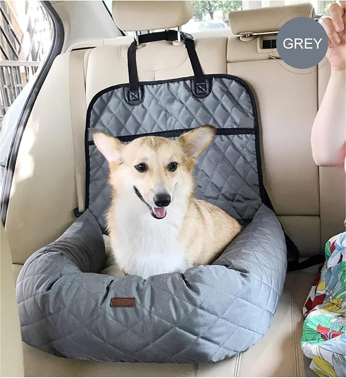 Dog Car Seat Booster for Small Dogs and Cats, Waterproof Quilted Nylon Pet Travel Bed, Durable Anti-Slip Car Seat Protector, Beige/Black/Grey, 60x50x18cm(Grey)