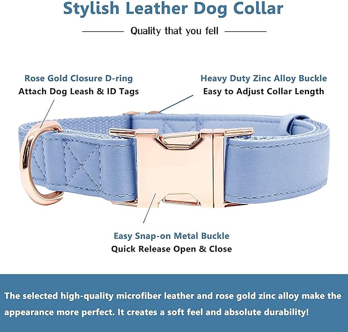 Soft Leather Dog Collar and Leash (6.6') Set - Stylish Rose Gold Heavy Duty Metal Buckle, 4 Adjustable Lengths Leash for Small Medium Large Dogs - Comfortable & Easy to Clean BluePurple S(12.2"-16.9")