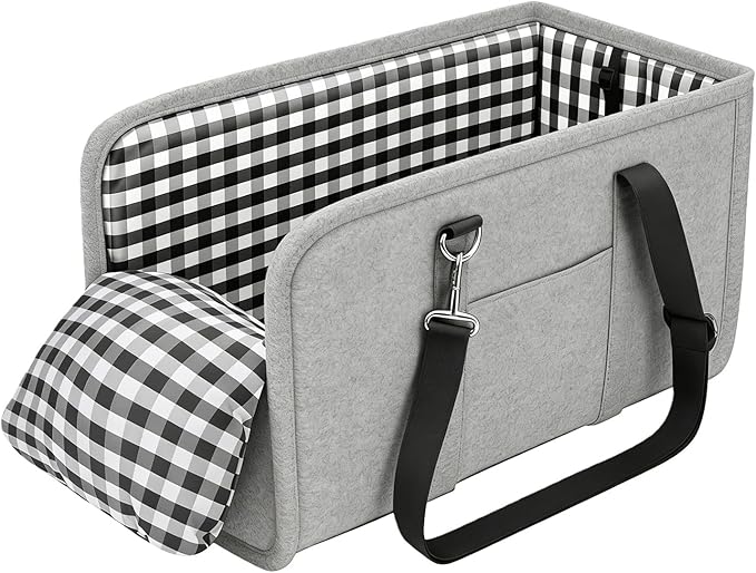 Center Console Dog Car Seat for Small Dogs Up to 11lbs Anti-Collapse Armrest Booster Seat with Headrest Stabilizing Straps Portable Pet Carrier Bag Travel Safety Kennel with Internal Tether (Grey)