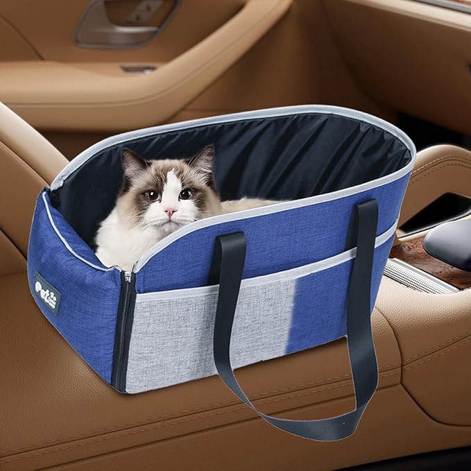 Small Pet Travel Seat – Car Center Console Dog Carrier, Pet Car Bed with Safety Straps | Soft-Sided Carrier, Travel Bag for Small Dogs or Cats, Fits Front Console, Ideal for Commuting or Trips