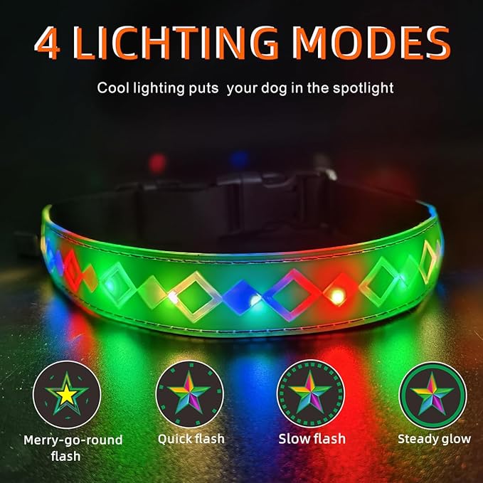 LED Dog Collar with ID Tag, 15 Light Modes, Waterproof Silicone, Night Safety (GREEN Pro, S(7.87-11.8"))