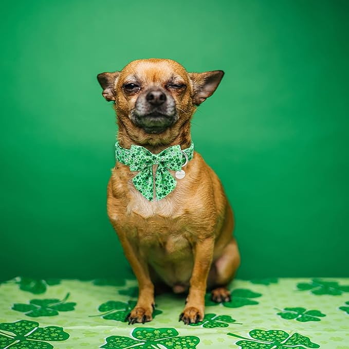 St. Patrick's Dog Collar with Bow Tie, Cotton St. Patricks Bowtie Collar for Puppy Girl Boy Dog or Cat, Lucky Shamrock Dog Collar with Metal Buckle, Green, Spring, XS