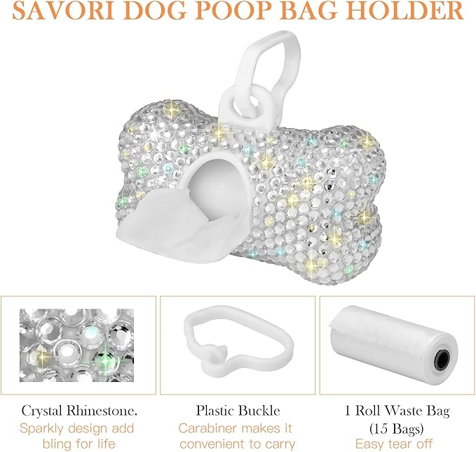 SAVORI Dog Poop Bag Holder Bling Crystal Dog Waste Bags Dispenser for Pet Dog Doggy with Carabiner Clip Includes 1 Roll 15 Bags (White)