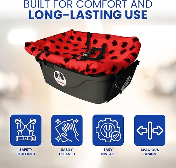 FidoRido Dog Car Seat - Pet Booster Seat for Small to Large Dogs with Comfortable Cushions, Sherpa Cover, and Safety Straps, Easy to Install, Ideal for Travel, Red, Black Paw Prints - Medium Harness