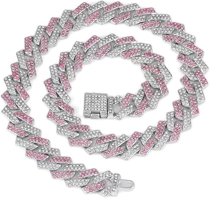 Dog Chain Collars, Diamond Rhinestone Bling Glitter Metal Choke Cuban Link Dog Collar,Pet Jewelry for Puppy Small Medium Large Dogs Cats (Pink 12inch)