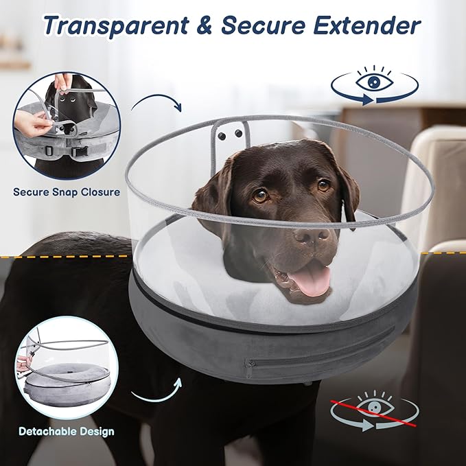 BARKLESS Inflatable Dog Cone, Protective Dog Surgery Collar to Stop Licking Biting Wounds, Patented Soft Donut Cone with Clear Shield, Adjustable Blow-up Collar for Surgery Recovery (Grey, L)