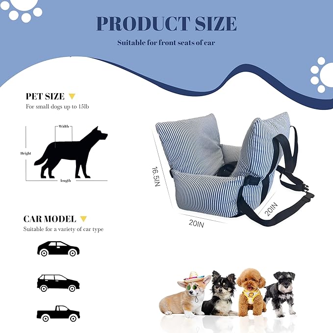 Daneey Small Dog Car Seat for Small Dogs under 15 lbs, Dog Booster Seat for Car, Fully Detachable Washable Dog Car Bed for Car Travel, Non-slip Safety Pet Car Seat with Seat Belt, Blue