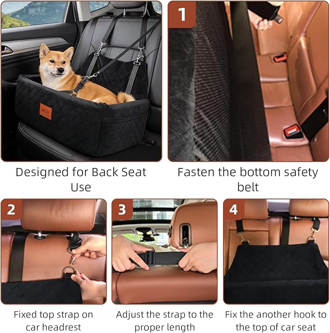 MCY Dog Car Seat for Large Medium Dogs, Dog Booster Seat with Thick Cushion, Portable Washable Pet Under 55 lbs, 2 Safety Leashes Travel Car Bed, Suitable for Home and Outdoor, Black