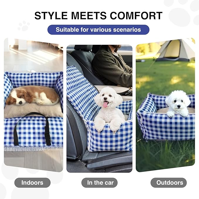 Pet Car Booster Seat for Small Dogs & Cats up to 25 lbs – Plaid Travel Seat with Safety Leash, Adjustable Straps, Non-Slip Base, 2-in-1 Convertible Bed, Detachable & Washable (Blue Plaid)