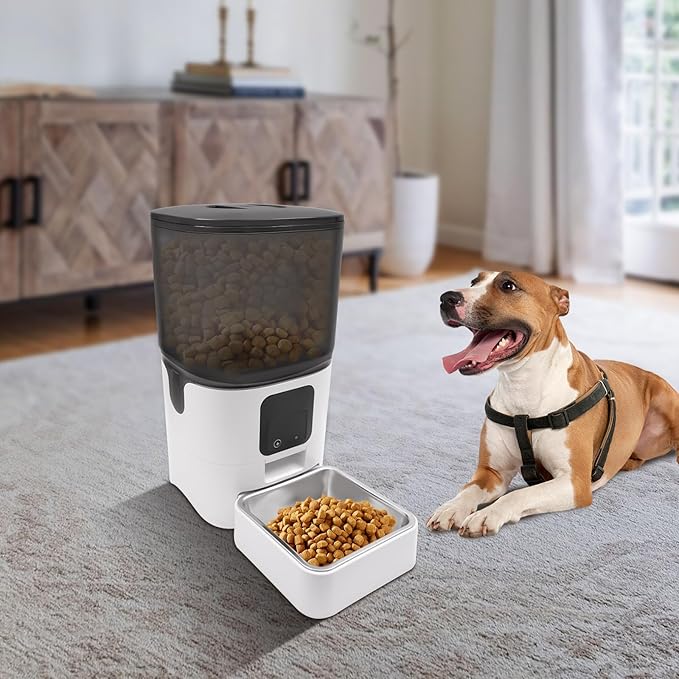 Smart Automatic Pet Feeder, 6L APP Controlled Pet Food Dispenser with Dual Power & Stainless Steel Bowl, for Cats Dogs, Programmable Timed Dog Cat Feeder, White