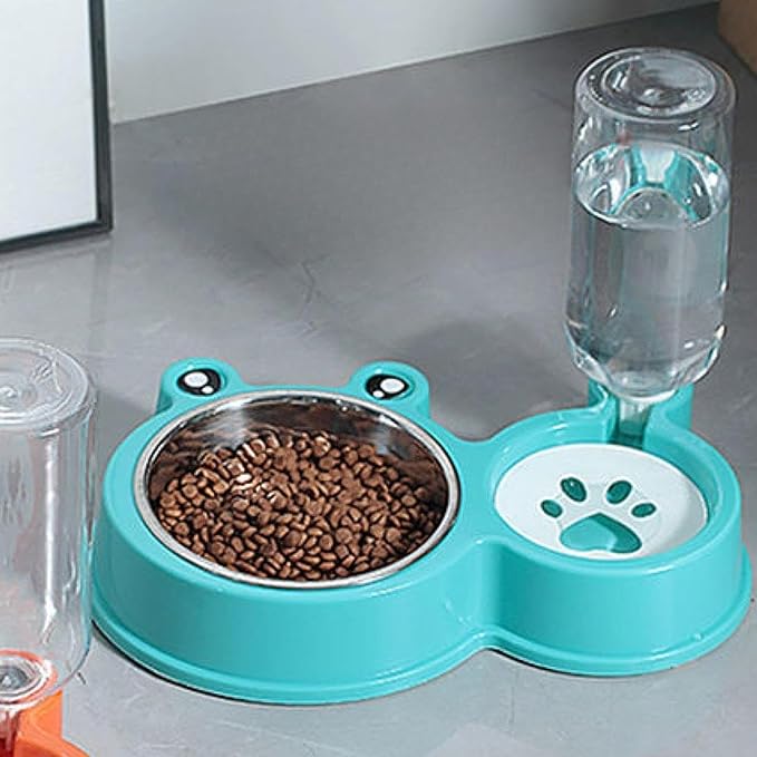 Pet Food and Water Bowl Set with Automatic Waterer Bottle for Small Medium Dogs Cats Puppies Kittens Feeding Station Kit- Blue