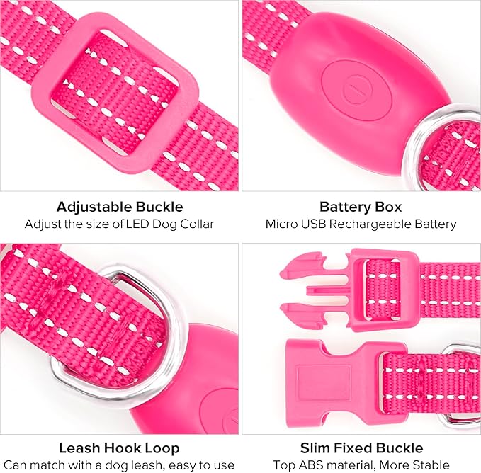 Candofly Puppy Light Up Dog Collar - USB Rechargeable LED Dog Collar for Small Dogs & Cats Night Walking (X-Small, Pink)