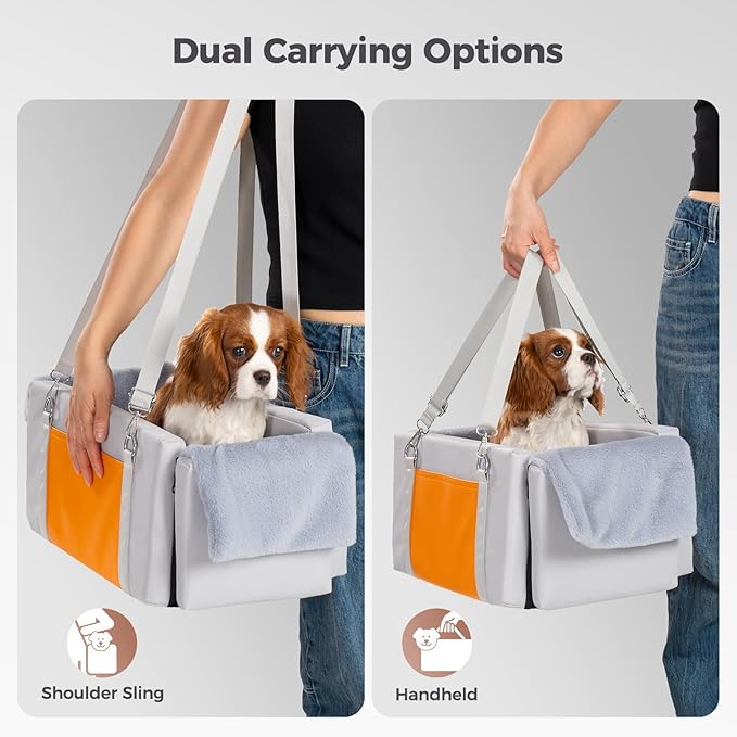 Avont Center Console Dog Car Seat with Double Protection Seat Belts, Armrest Middle Console Booster Travel Carrier for Small Dogs Cats with Storage Pockets, Well-Cushioned, Anti-Anxiety -Light Grey