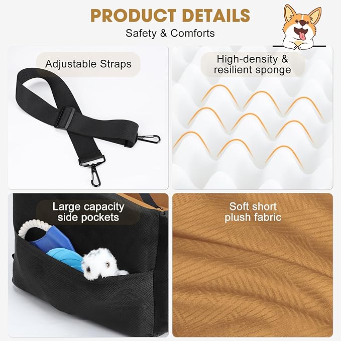 JOEJOY Dog Car Seats for Small Medium Dogs Under 30lbs, Dog Booster Seat with Detachable Washable Cover and Cushion, Memory Foam Pet Car Seat with Safety Belt and Storage Pockets (Brown)
