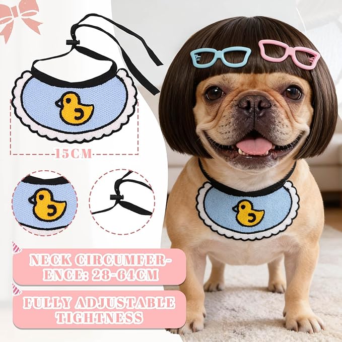 Funny Dog Bangs Bob Wig - Adjustable Elastic Band & Trimmable, Built-in Knitted Bandana & Bow Clip, Dog Cosplay Costume for Small Medium Large Dogs,Halloween Christmas Parties Festivals (Black)