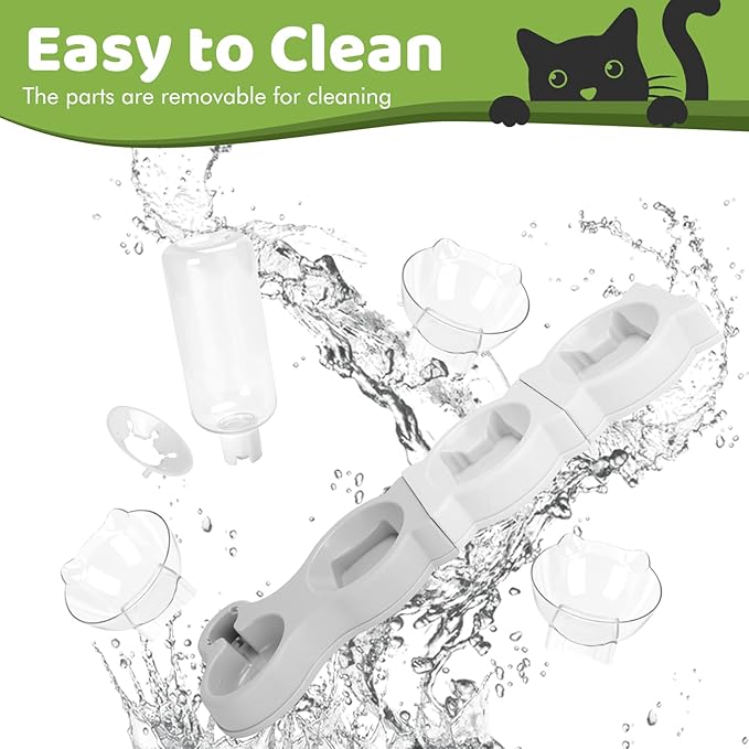 Yummy Sam Raised Four Cat Dishes for Food and Water, 15° Tilted 4 in 1 Small Pet Feeding Bowls Set with Automatic Water Bottle and Triple Food Bowls, Pet Feeder for Small Medium Pets Dog Puppy Cats