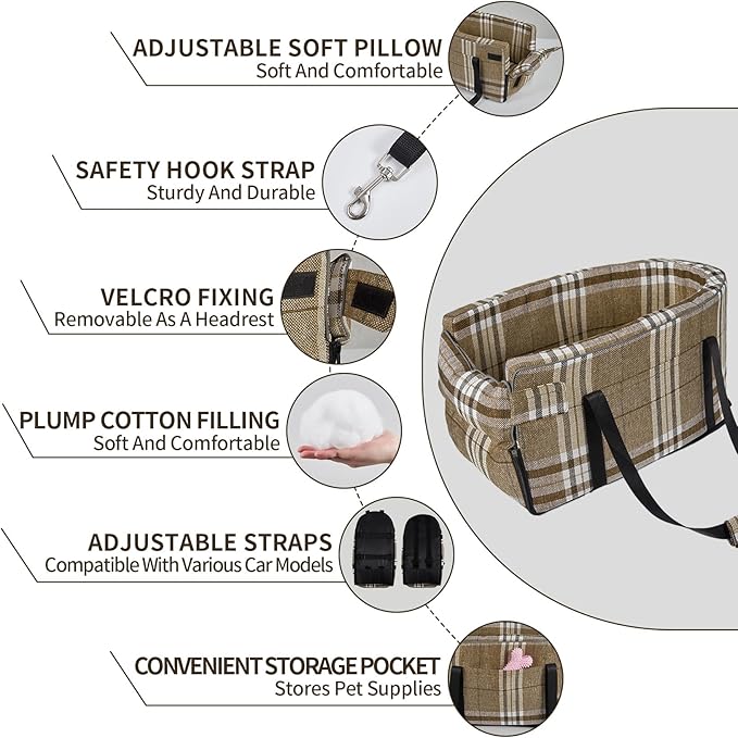 Garvee Center Console Pet Booster for Small Dogs | Portable Travel Restraint with Soft Washable Cushion & Safety Tether - Supports Pets Up to 13 lbs (Gray)