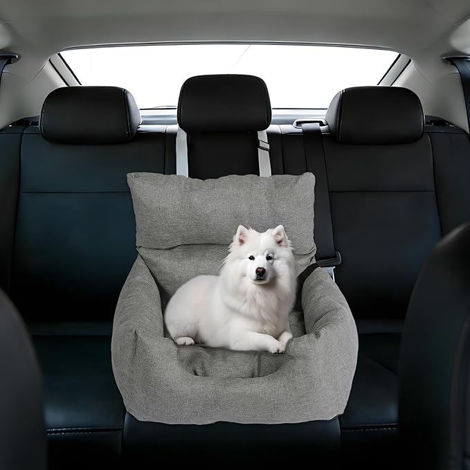 Dog Booster Car Seat Bed for Small Dogs Up to 18 LB, Portable Elevated Puppy Travel Car Seat with Tether & Reversible Cushion for Front and Back Use, Grey
