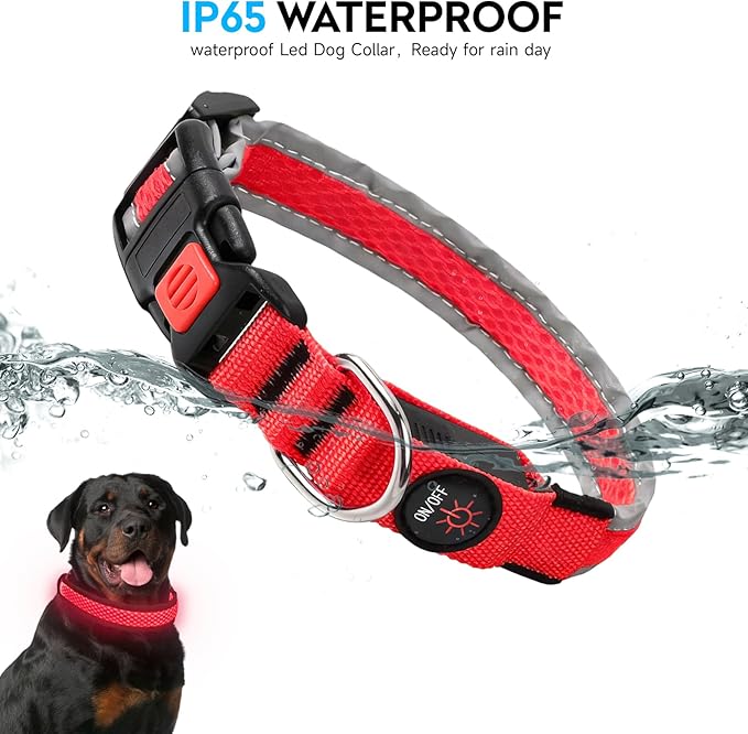LED Dog Collar, Light Up Dog Collar USB Rechargeable, Nylon Adjustable Comfortable Soft Bright RGB 7 Colors Changeing Safety Light Glowing Collar for Medium and Large Dogs(Large,Red)