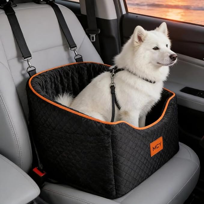 MCY Dog Car Seat for Small Dogs, Elevated Pet Car Seat, Travel Safety Pet Seat for Dogs up to 35 lbs, Memory Foam Booster Dog Seat with Washable Removable Cover, Storage Pockets, Black (Black)