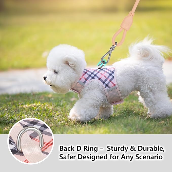 Dog Harness for Small Sized Dog,Hook-and-Loop Easy On/Off, Reflective Adjustable Soft Mesh Vest for Puppy (Checkered Beige,S)