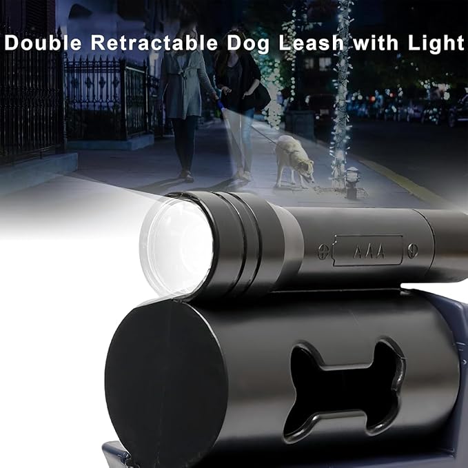 Dual Dog Retractable Leash with Flashlight & Poop Bag Holder, 360° Rotating Double Pet Leash for Small to Large Dogs – Hands-Free Dog Walking Accessory (C)