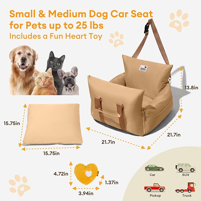 FUNNY FUZZY Dog Car Booster Seat for Small/Medium Dogs up to 25lbs – Waterproof, Non-Slip Base, Safety Leash & Fully Washable Design for Safe and Comfortable Travel (Brown)