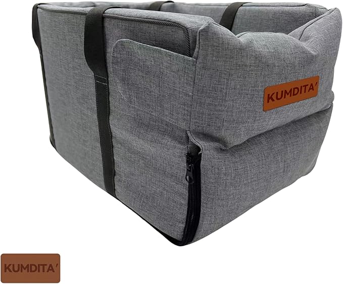 Kumdita' Center Console Dog Car Seat & Carrier for Small Dogs & Cats, 18.5 x 10.5 x 9.5 Inches, Sewn-in Leash (Gray)
