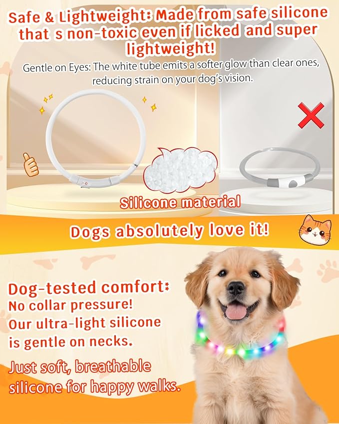 Led Dog Collar【LED Brightness Increased by 83%】 OGURIYA USB-C Rechargeable Dog Necklace Light, Pet Safety Collar Makes Your Beloved Dogs Be Seen at Night for Small Medium Dogs 19.7in Length(50CM)