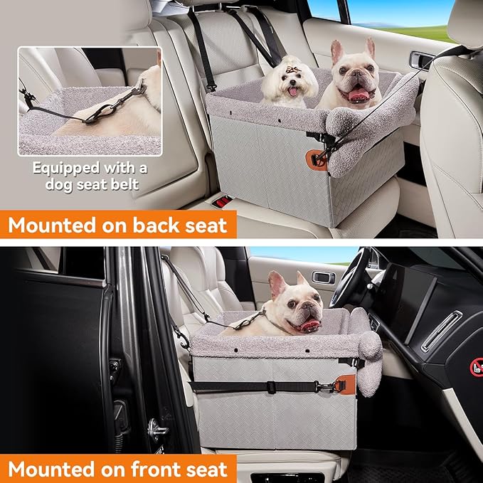 Dog Car Seat for Small Dogs,PU Leather Pet Car Seat Boosters,Puppy Cat Carseats with Washable Removable Cover(Grey, Medium)