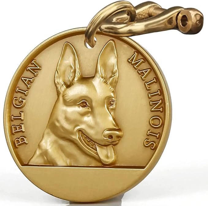 Vintage Pure Copper Pet ID Tags,Personalized Dog Tags,Three-Dimensional Relief Pet Pattern,Lettering on The Front and Back,Custom Pet Tags (B02-Belgian Malinois)