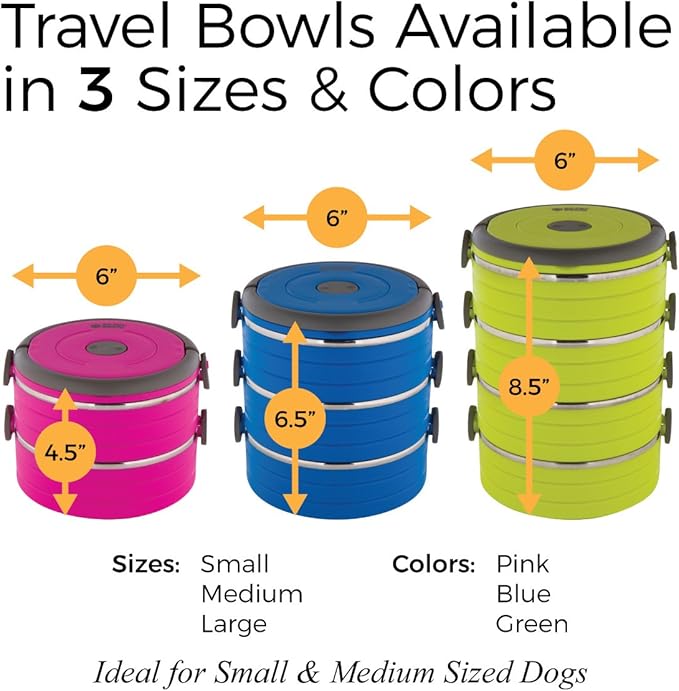 Healthy Human Travel Pet Bento Bowls - Human-Grade Stainless Steel & BPA-Free, Leak-Proof Water & Food Container Set for Dogs & Cats, 4-Pack Interlocking Bowls, Includes Spare Clips & Handle (Green)