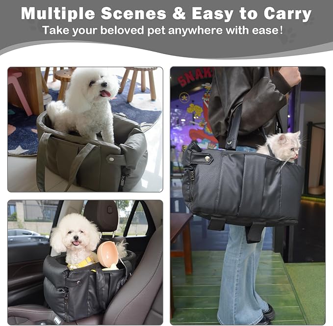 Portable Small Dog Seat for Car, Luxury Leather Center Console Dog Car Seat Booster with Safety Tethers, Anti-Collapse Pet Travel Carseat for SUV, Truck