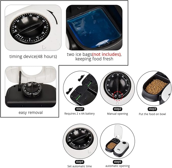 2 Meal Programmable Automatic Cat Dog Feeder, Dry or Semi-Moist Pet Food Dispenser for Cats Dogs, Auto Dog Food Dispenser Slow Feed Portion Control