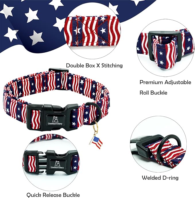 Lionheart glory American Flag Dog Collar-4 of July Patriotic Independence Day Dog Collar Heavy Duty Adjustable Dog Collars for Small Dogs Pet Gift Summer Collars